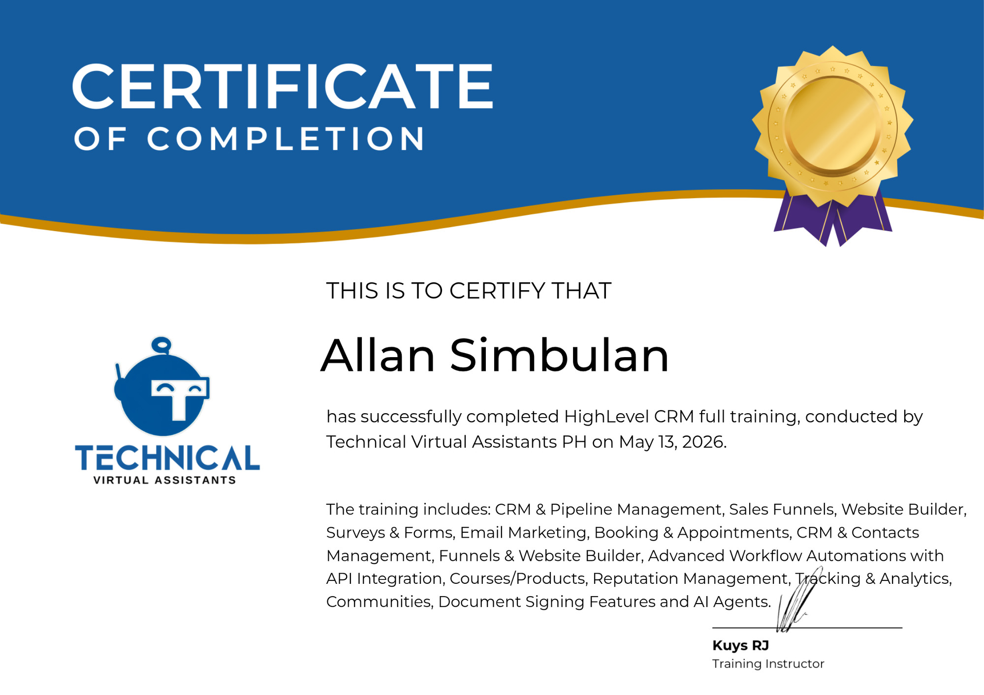 GoHighLevel and CRM certificate awarded to Allan Simbulan by Technical Virtual Assistants PH