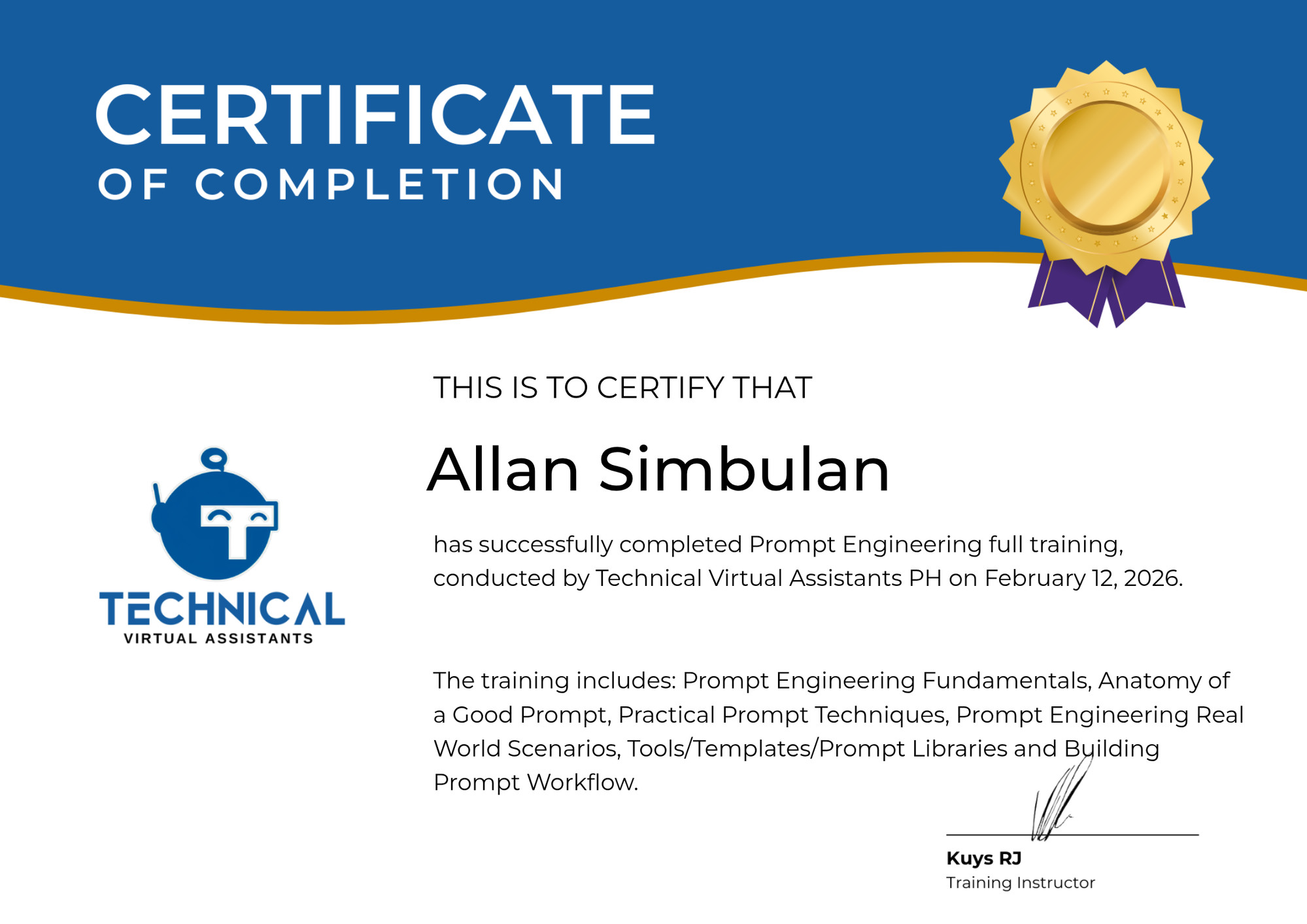 Prompt Engineering certificate awarded to Allan Simbulan by Technical Virtual Assistants PH